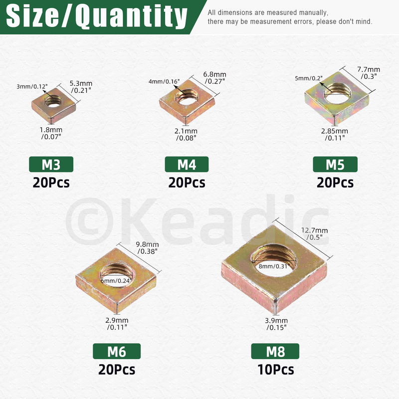 Keadic 90Pcs Yellow Zinc-Plated Square Nuts Assortment Kit, M3x5.5mmx2mm, M4x7mmx2mm, M5x8mmx3mm, M6x10mmx3mm, M8x13mmx4mm Coarse Thread Nut for Furniture, Electrical Appliances Zinc-Plated (Yellow)