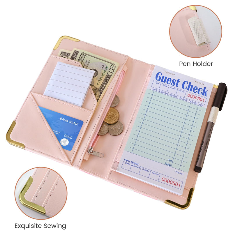 Server Book for Waitress Organizer Wallet for Women Cute, Receipt Holder Presenter 5 Pockets Waiter Accessories (Pink Plaid)