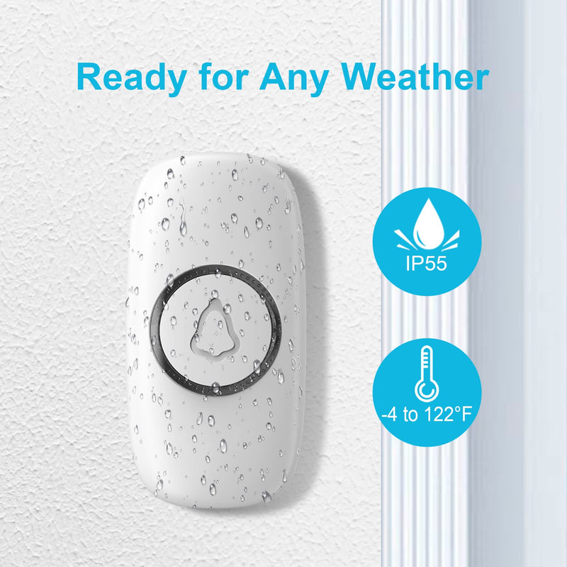 SECRUI Doorbell–Doorbell Wireless Kits for Front Door – Battery Operated Doorbell with 52 Chimes, 5 Volume Levels – Waterproof Doorbell (2 Push Buttons 2 Receivers) 2 Receivers 2 Push buttons White