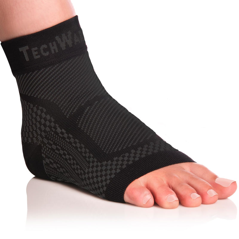TechWare Pro Ankle Brace Compression Sleeve - Relieves Achilles Tendonitis, Joint Pain. Plantar Fasciitis Sock with Foot Arch Support Reduces Swelling & Heel Spur Pain. Injury Recovery for Sports Black/Black L / XL (see size chart)