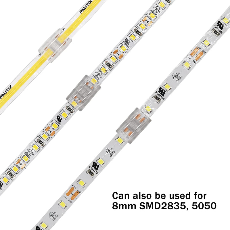 PAUTIX 8mm Connectors for 2-Pin COB LED Strip Lights,4pcs Transparent Gapless Connectors,4pcs Dual End,1pc Single to DC Female Plug 7.9in Extension Wire,2pcs L-shaped Connectors,1pc T-shaped Connector 8mm Cob Connectors/Upgraded Set