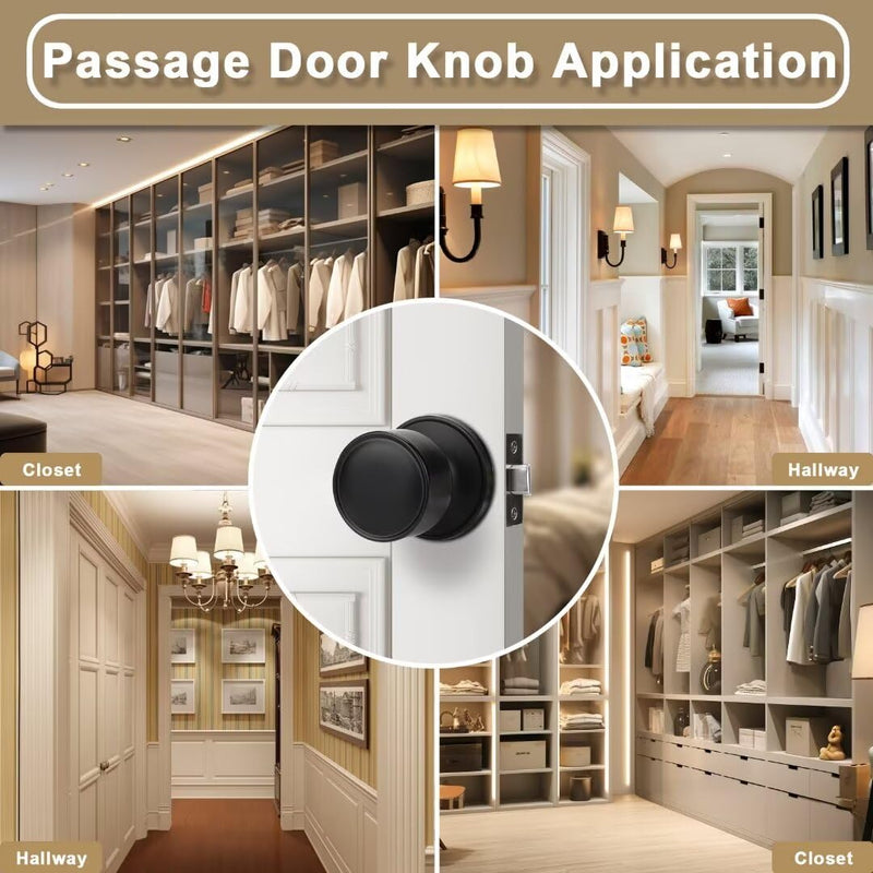 Indoor Matte Black Door Knobs Interior 3 Pack for Closet and Hallways, Modern Kitchen Black Door Handle Interior, Flat Passage Closet Door Knobs Keyless No Lock Passage Door Knobs
