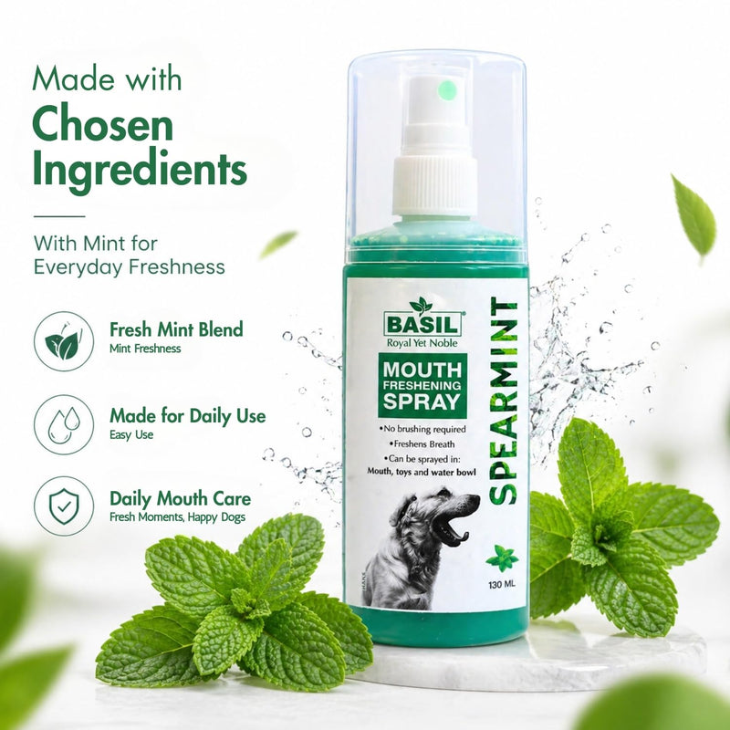BASIL Dog Dental Spray for Teeth Cleaning & Bad Breath | Spearmint Fresh Breath for Dogs | Teeth and Gum Care | Easy-to-Use Pet Dental Spray for Everyday Use - (4.4 oz)