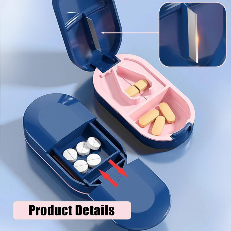 Pill Cutter Splitter for 1/2 Cuts, Small Tablets and Vitamins, Easy-Open Button, Built-in Storage, Shielded Stainless Steel Blade, Portable Tablet Splitter(Blue)