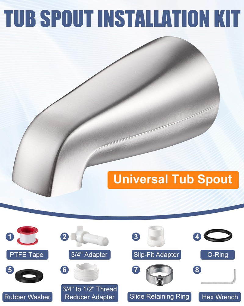 Universal Bathtub Faucet Tub Spout – Fast-Fill, No-Leak, Easy Install Metal Tub Faucet Replacement, Fits 1/2" Slip-Fit Copper Pipe and 1/2" IPS & 3/4" IPS Thread Connections (Brushed Nickel) Brushed Nickel