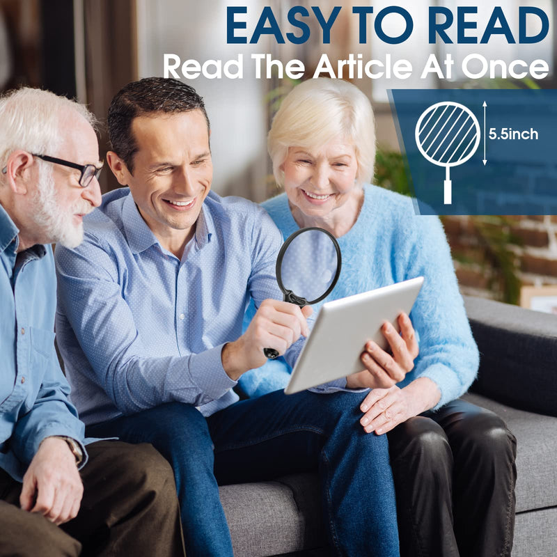 Large Magnifying Glass with Light, Magnifier Handheld Illuminated Lighted Magnifier with 3 LED Lights 1 UV Light Storage Bag Clean Cloth for Seniors Reading Inspection Black