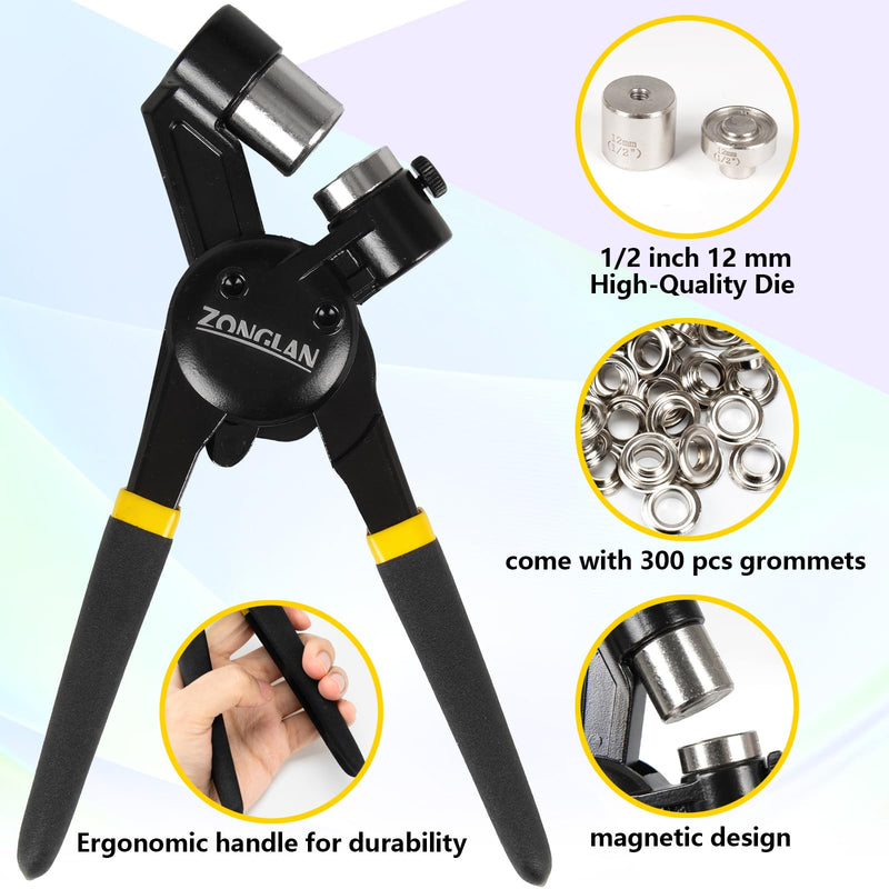 Heavy Duty Grommet Tool Kit with 1/2 Inch Die and 300 Sets of 12MM Grommets,Handheld Manual Eyelet Tool Rivet Press Punch Pliers for Leather Canvas Fabric 1/2''