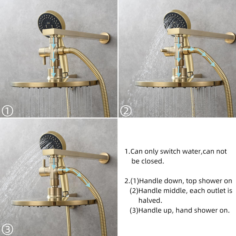 Tecmolog Brass Shower Diverter G1/2" 2-Way Shower Arm Diverter for Hand Held Showerhead and Fixed Spray Head, Brushed Gold, DSF007J2