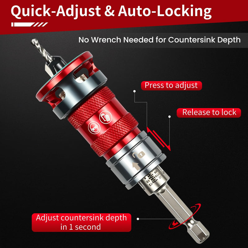 6 PCS Quick-Adjust Countersink Drill Bit Set, Auto-Locking Depth Adjustment, Auto-Stop Aluminum Alloy Collar, 5 HSS M2 Bits with 82-Degree TCT Cutters, 1/4" Hex Shank Counter Sink Drill Bit for Wood 6 PCS Quick Adjust Set