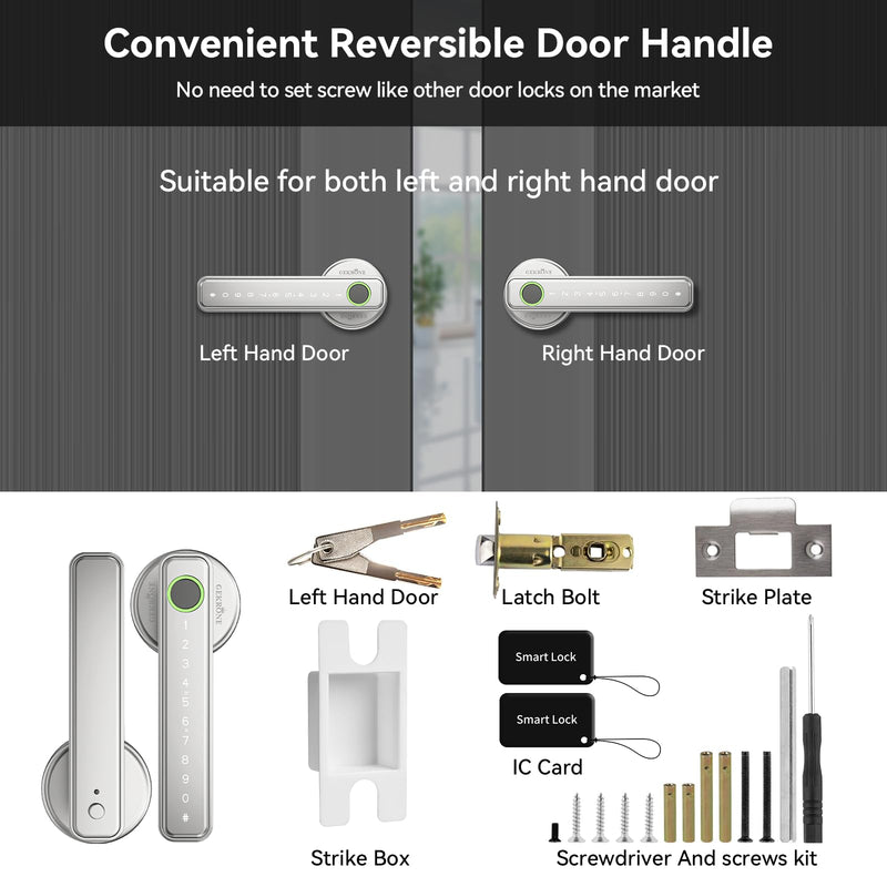 Fingerprint Smart Lever Lock TUYA APP Control Keyless Entry Bluetooth Touchscreen Indoor Handle Biometric Electronic Digital Door Knob with Keypad Suitable for Hotel Office Apartment Bedroom Silver 2