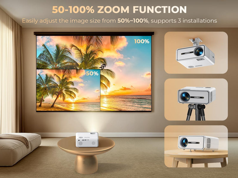 Generic Mini Projector with WiFi and Bluetooth, 450 ANSI 1080P FHD Home Movie Projector, Portable Outdoor Projector Compatible with 250" Display + Zoom, White