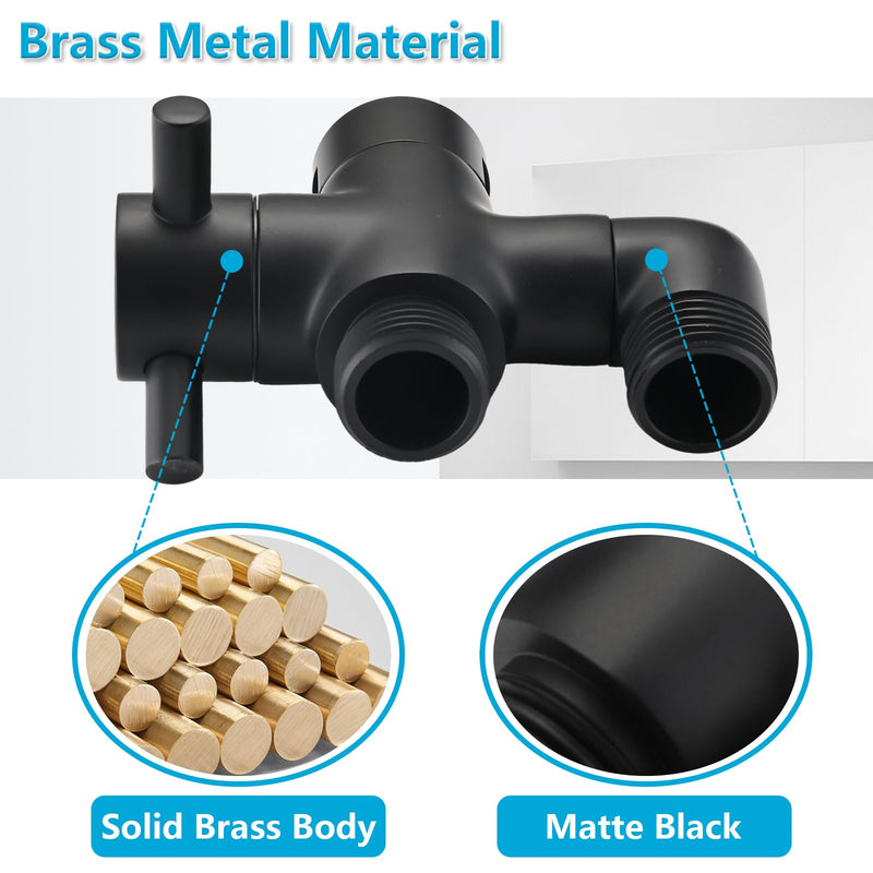PDPBath Brass 3 Way Shower Arm Diverter Valve for Handheld Shower Head and Fixed Shower Head, G1/2 Universal Connection - Matte Black