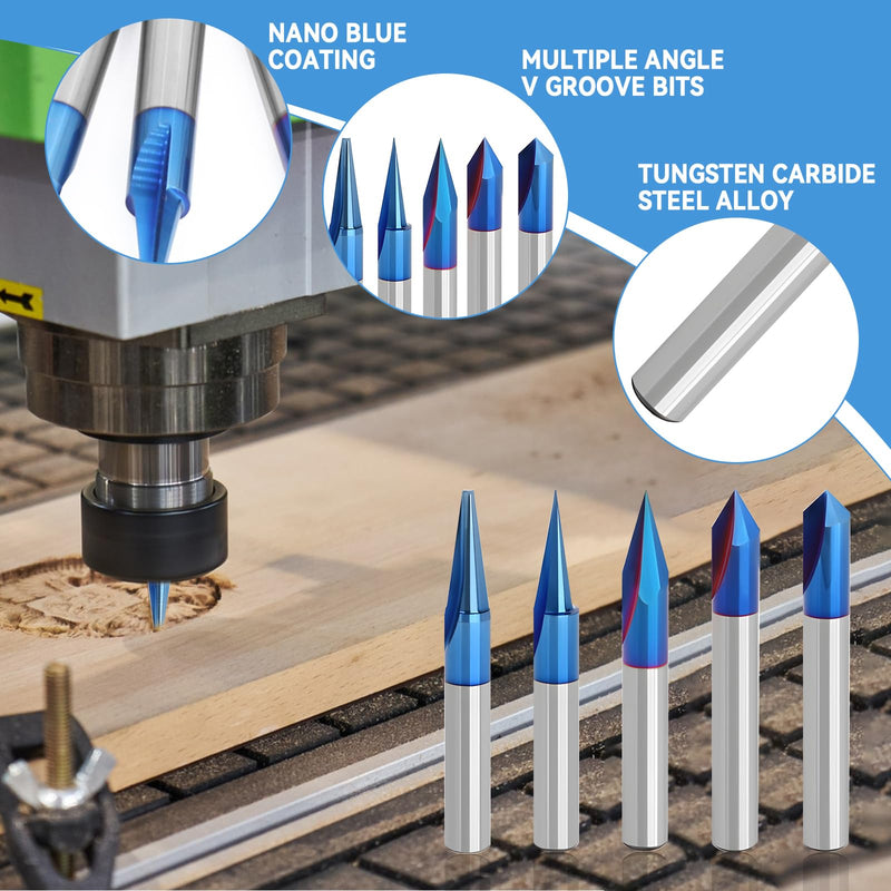 CNC Wood Carving Router Bits Set of 5, 1/4 Shank, 15°/20°/30°/60°/90° Engraving Bits 2 Flutes Straight CNC V-bit with Nano Blue Coating CNC Milling Cutter Engraving Router