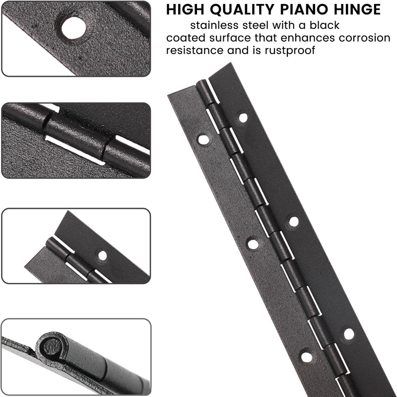 2PCS Black 6-Inch Heavy Duty Piano Hinge,2" Open Width Stainless Steel Continuous Hinges, Includes Pre-Drilled Holes and Screws, Ideal for Piano Cabinets ane Wooden Box. 6"-2PACK