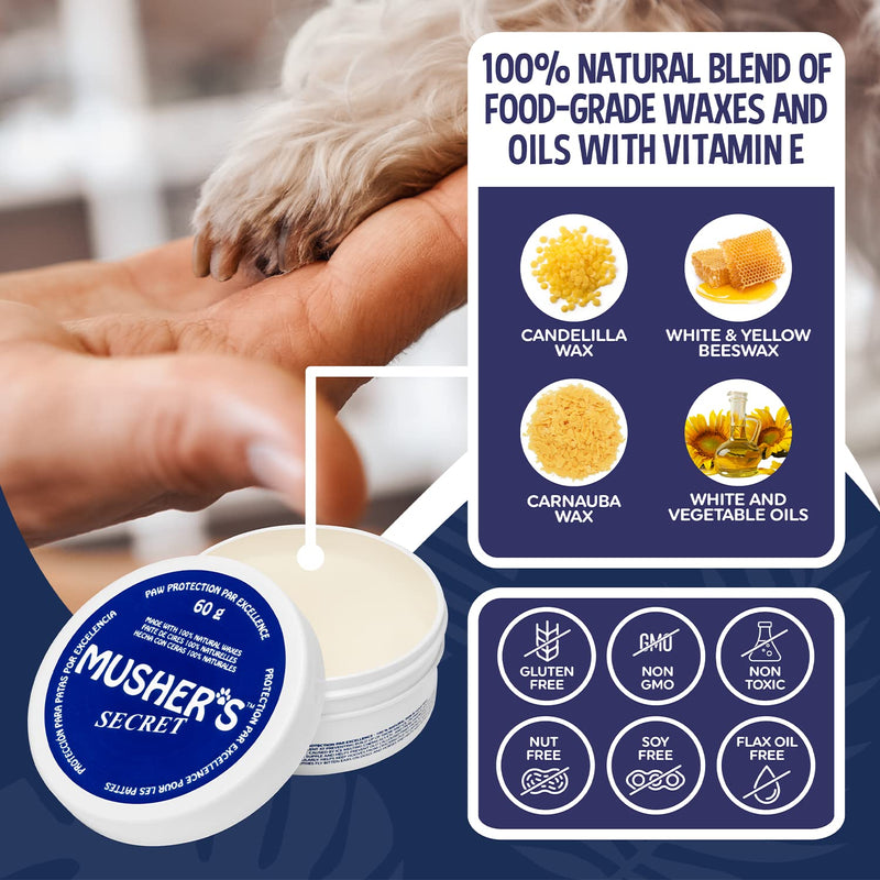 Musher's Secret Dog Paw Wax 60 g (2.1 oz) - Moisturizing Dog Paw Balm that Creates an Invisible Barrier That Protects and Heals Dry Cracked Paws - All-Natural with Vitamin E and Food-Grade Ingredients 2.1 Ounce (Pack of 1)