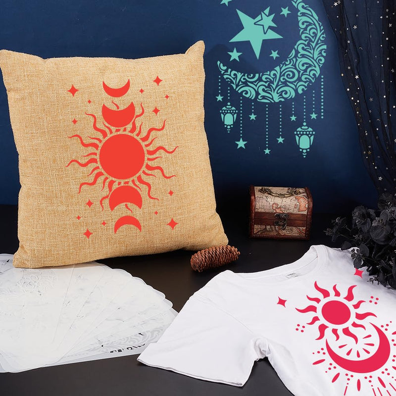 INFUNLY 9PCS/Set Sun Moon Wall Stencils for Painting 12x8 Mandala Tile Stencil Large Flower Star Concrete Floor Stencils Reusable Drawing Template for Painting Wood Canvas Furniture Patio Home Decor Star Moon Stencil