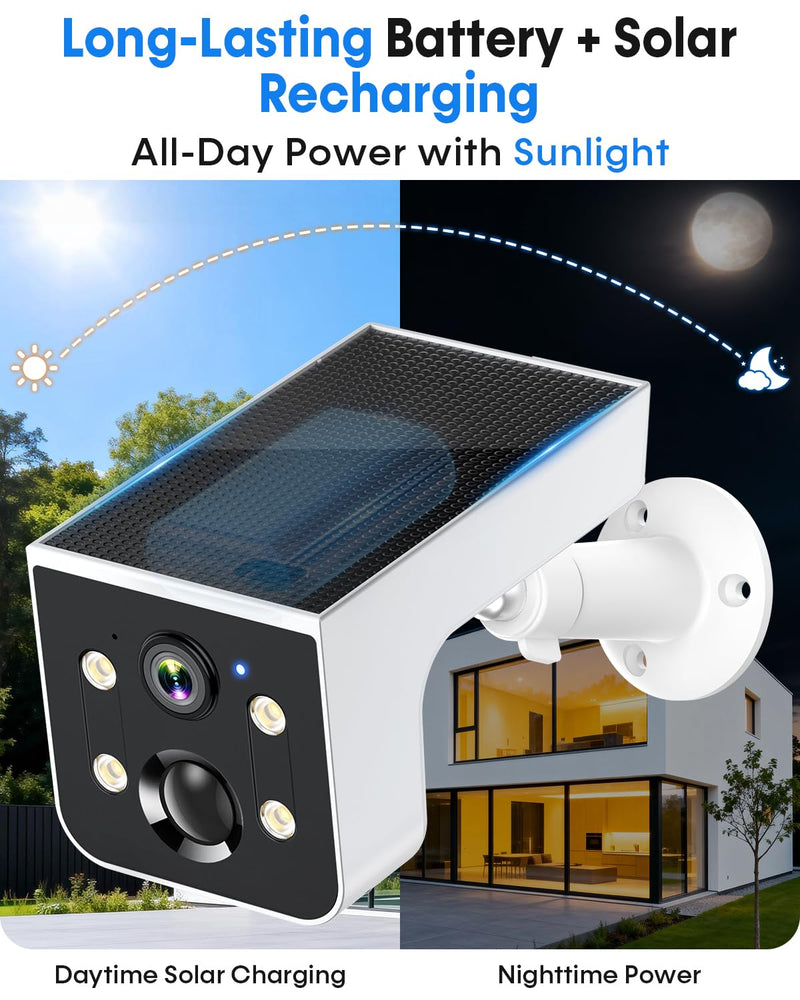 Solar Powered Outdoor Wireless Camera: 2K HD, Motion Detection, Color Night Vision, Waterproof IP67, Easy Setup for Home & Business Monitoring, No Monthly Fees White Single Pack