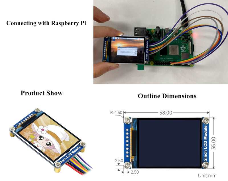 waveshare 2inch LCD Module Mini LCD Screen Compatible with Raspberry Pi/Ardu-ino/STM32, 240x320 Resolution IPS LCD Display, 262K RGB Color, Embedded ST7789VW Driver, SPI Interface 2inch IPS LCD Display Module