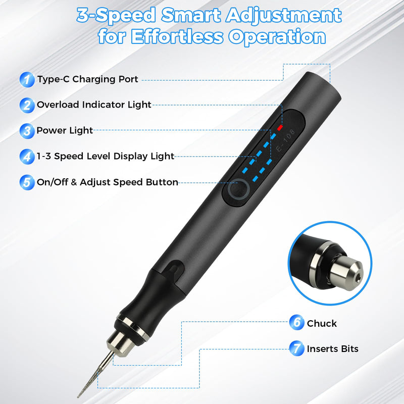 Electric Engraving Pen with 37 Bits, USB Rechargeable Cordless Engraver Pen, Portable Engraving Tool Kit, Engraving Pen for Metal, Wood, Glass & Plastic Black (Black)