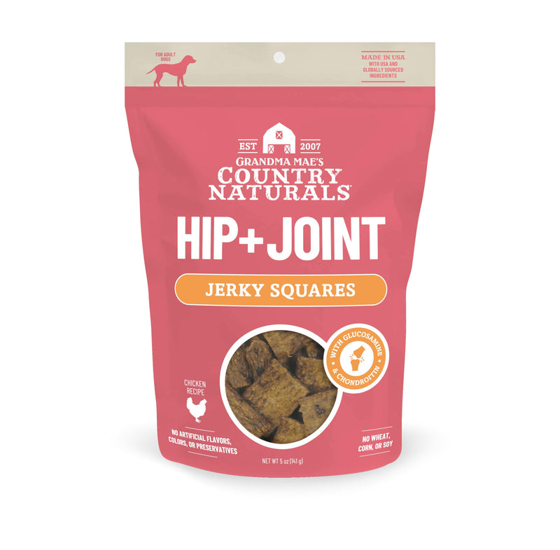 Grandma Mae's Country Naturals Jerky Squares Hip & Joint Dog Treats, Chicken with Glucosamine & Chondroitin, No Wheat, Corn, or Soy, Made in USA, 5 oz Hip & Joint Support (Chicken) 5 Ounce (Pack of 1)