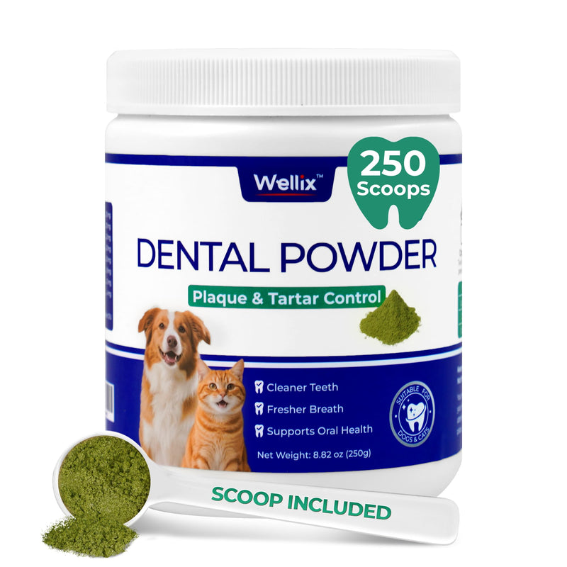 Wellix 8.82oz Dog Teeth Cleaning Powder - Dog Dental Care Powder and Cat Breath Freshener - Plaque and Tartar Remover with Enzymes & Mint for Dogs & Cats of All Ages and Breeds