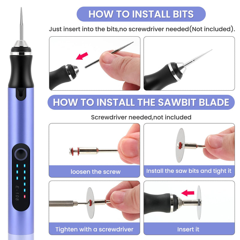 Electric Engraving Pen with 37 Bits, USB Rechargeable Cordless Etching Engraving Tool, Portable DIY Rotary Engraver for Jewelry Wood Glass Stone Carving (Purple) Purple
