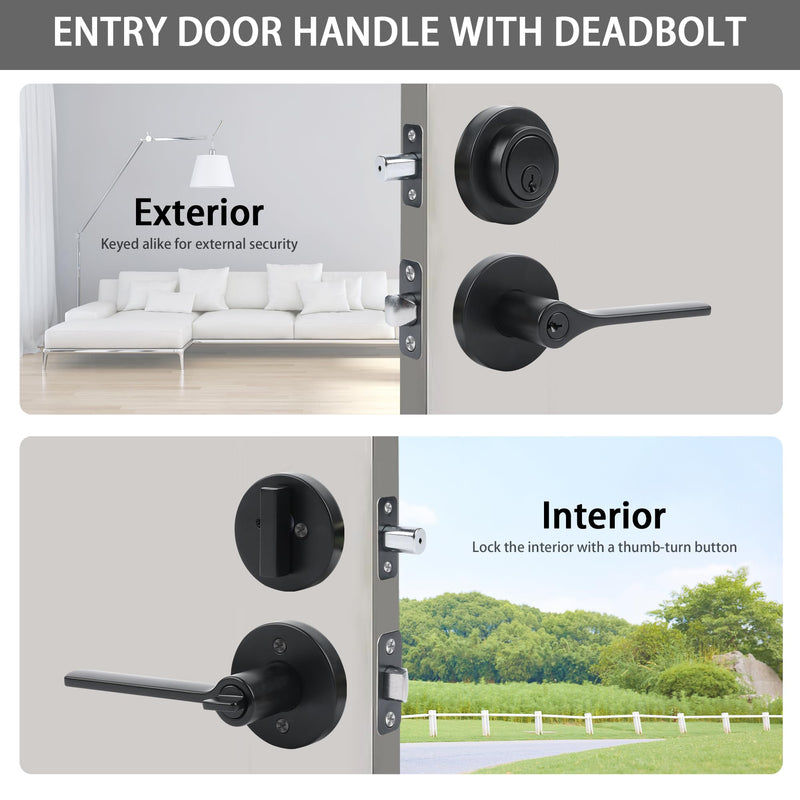Exterior Door Lock Set,Combo Lock-Heavy Duty Black Door Handle and Single Cylinder Deadbolt Lock,Front Door Lock Set,Keyed Alike Door Locks for Front Door(Matte Black,1Pack Set) 1 Pack Matte Black