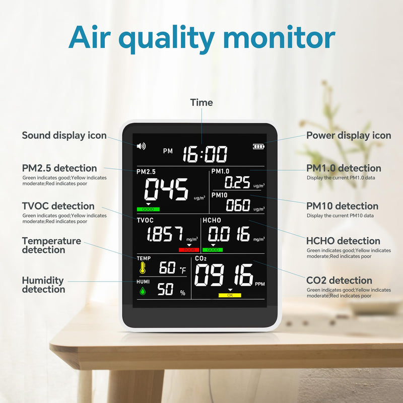 Air Quality Monitor Indoor,13-in-1 Smart Air Quality Tester with PM 2.5, CO2, TVOC, HCHO, PM1, AQI, PM10, Temperature & Humidity, Real Time Display, Battery Powered, for Home & Office (White) White
