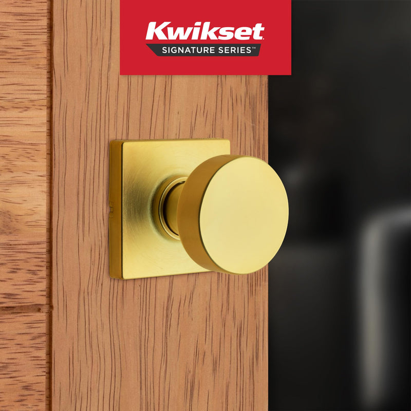 Kwikset Pismo Interior Passage Door Knob, Handle for Closet and Hallway Doors, Non-Locking Doorknob, Satin Brass, Square, Microban Protection Square Rose