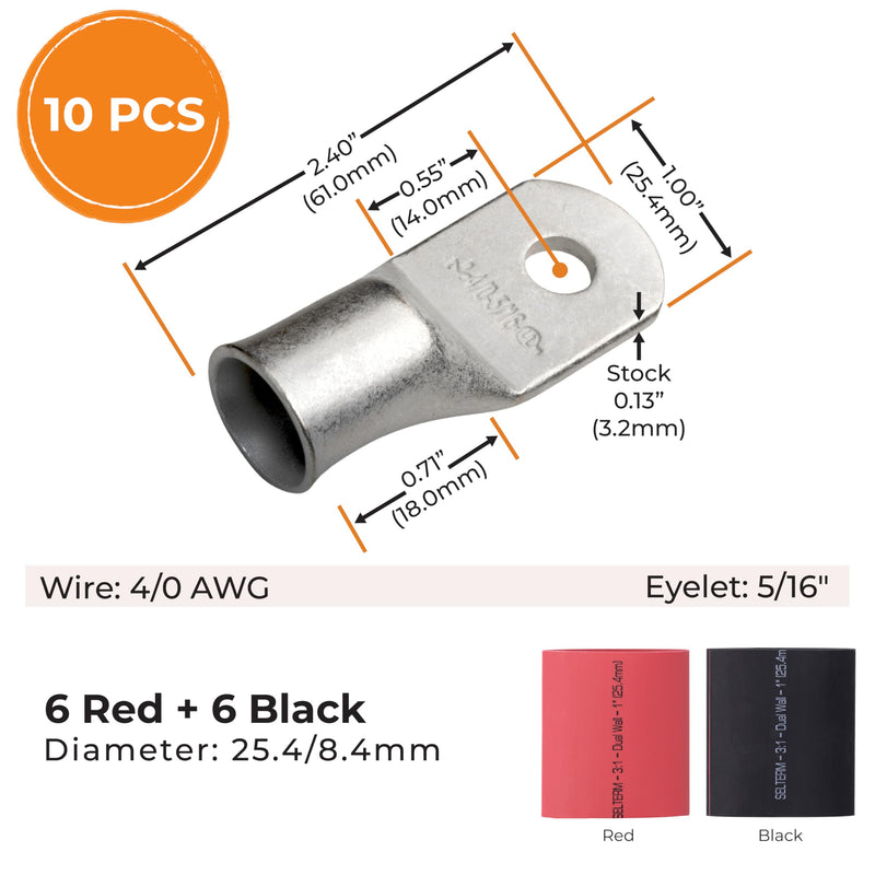 SELTERM 10pcs - 4/0 Awg - 5/16" Stud - Battery Lugs - Ring Terminal Connectors with 12pcs 3:1 Black & Red Heat Shrink Tubing with Adhesive | Heavy Duty Battery Cable Ends - Tinned Copper Wire Lugs Kit 4/0 Awg - 5/16" (M8) Ring 10