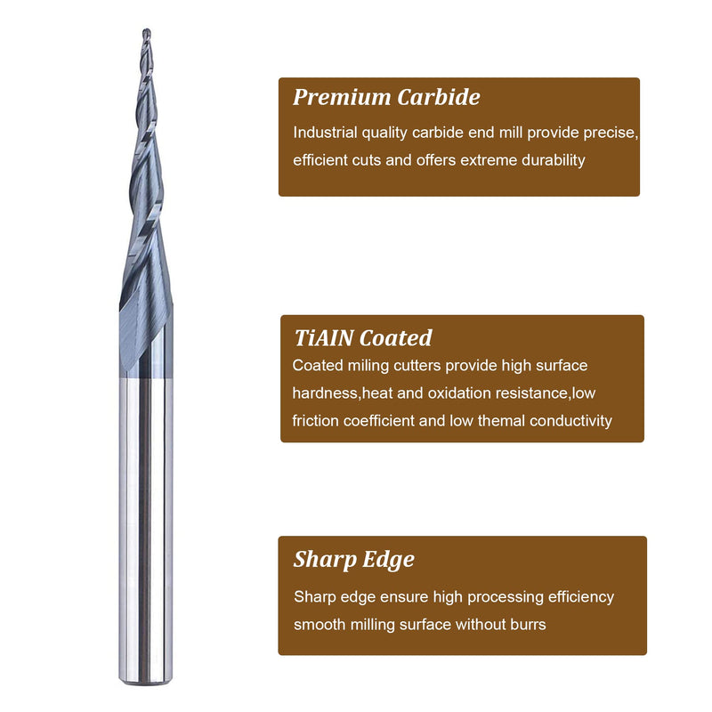 SpeTool Tapered Ball Nose Spiral Router Bit 1.0mm Tip Diameter (0.5mm Radius) 4.82 Deg for CNC Milling Engraver Carving Bits D=1.0MM