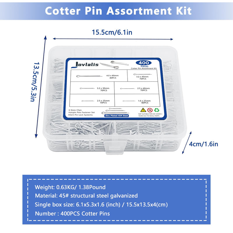 Cotter Pin Assortment, 400 PCS Hairpin Cotter Pins, Split Pin Fastener Clips, Straight Hairpins, Holds Pins or Castle Nuts in Place (Zinc Plated Steel) 400PCS Hairpin Cotter Pins
