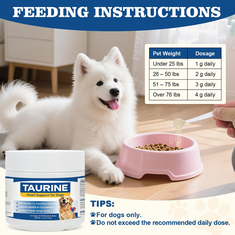 Taurine for Dogs Heart Health Supplement, 500mg Taurine with L-Carnitine for Senior & Large Breed Dogs, Supports Healthy Heart Function, Energy & Normal Blood Flow - 4oz