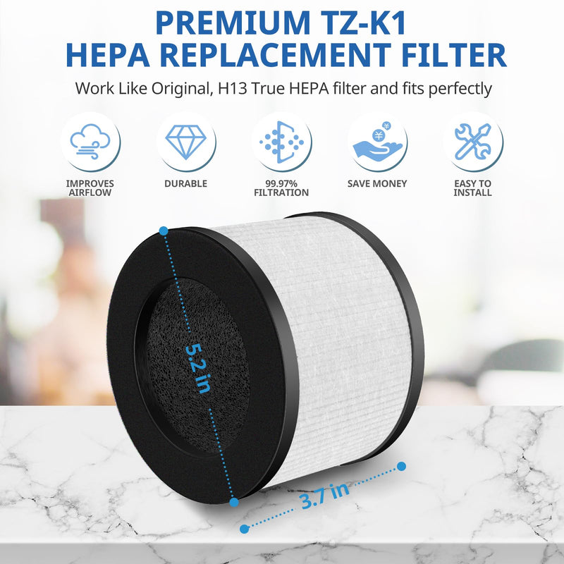 2 Pack TZ-K1 Replacement Filter Compatible with ToLife TZ-K1 Air Puri-fier, MK01 MK06 and FreAire KN6391 Air Purifi-ers, 3-in-1 H13 HEPA Filter, Activated Carbon and Pre-filter, 360° Rotating Filter White-2 Pack