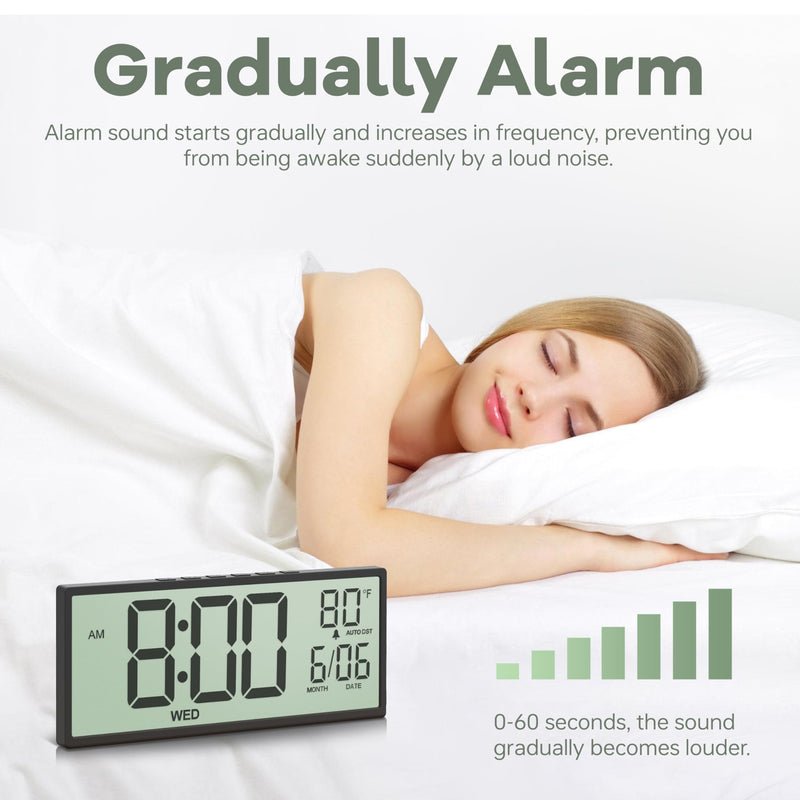 JALL 14.5" Large Digital Wall Clock Battery Operated with Big Digits LCD Screen Display, Day, Date, Alarm, Auto DST, Temperature for Living Room, Bedroom, Desk Decor, Mounted, Gift for Elderly Black