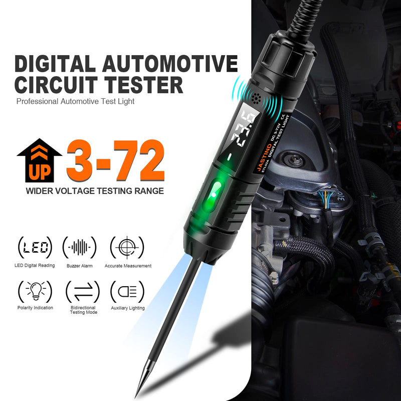 Heavy Duty 3-72V Digital LED Automotive Test Light, Circuit Tester with Polarity Indicate and Illuminating Lights, Car Truck Low DC Voltage Light Tester with Stainless Probe & 142 Inch Extended Wire