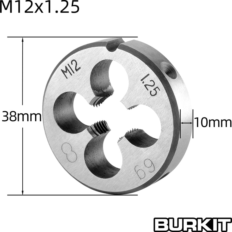 Burkit M12 X 1.25 Tap and Die Set Right Hand, M12 x 1.25 Machine Thread Tap and Round Die M12x1.25