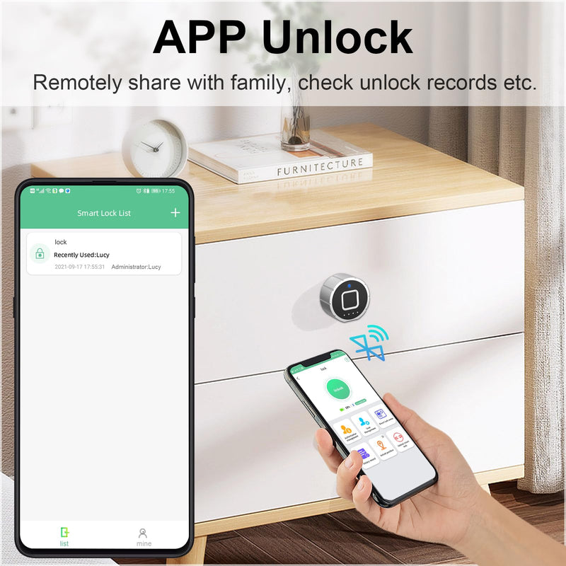 Pothunder Smart Cabinet Lock, 1 1/8" (30mm) Long Cabinet Cam Lock with Fingerprint Bluetooth APP, Digital Keyless Biometric Child Safety Lock for Drawer Cabinets Storage Mailbox 30 mm
