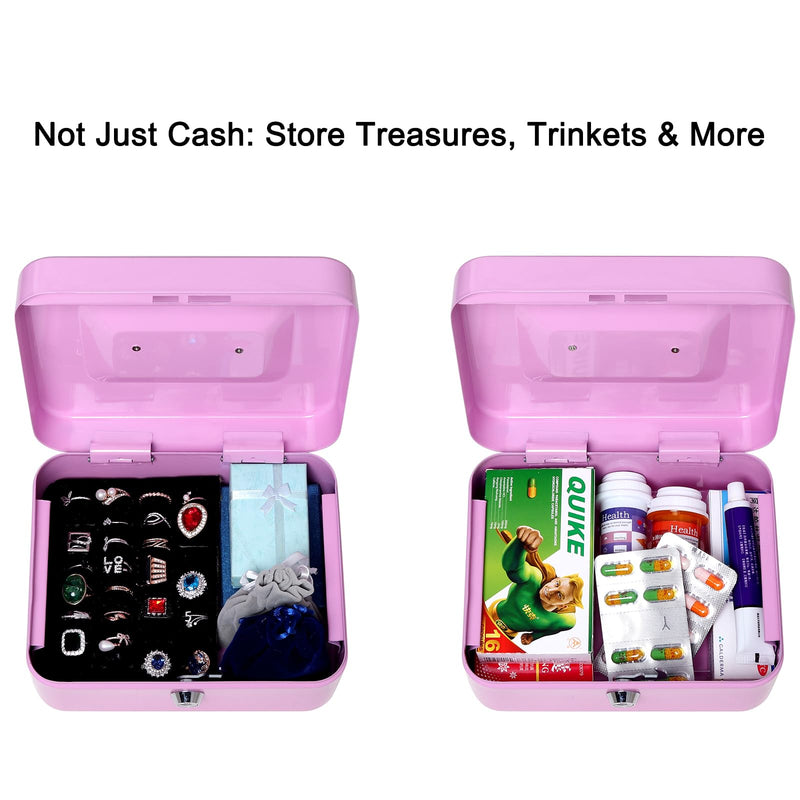 Jssmst Cash Box with Key Lock - Durable Metal Cash Box with Money Tray, Light Purple, Medium