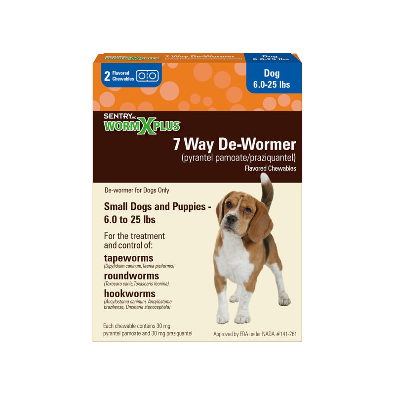 Worm X Plus 7 Way De-Wormer Chewables for Dogs - Tablets for Small Dogs & Puppies (6-25 lbs) (pyrantel pamoate/praziquantel), 2 Count Dogs 6 to 25 lbs 2 Count (Pack of 1)
