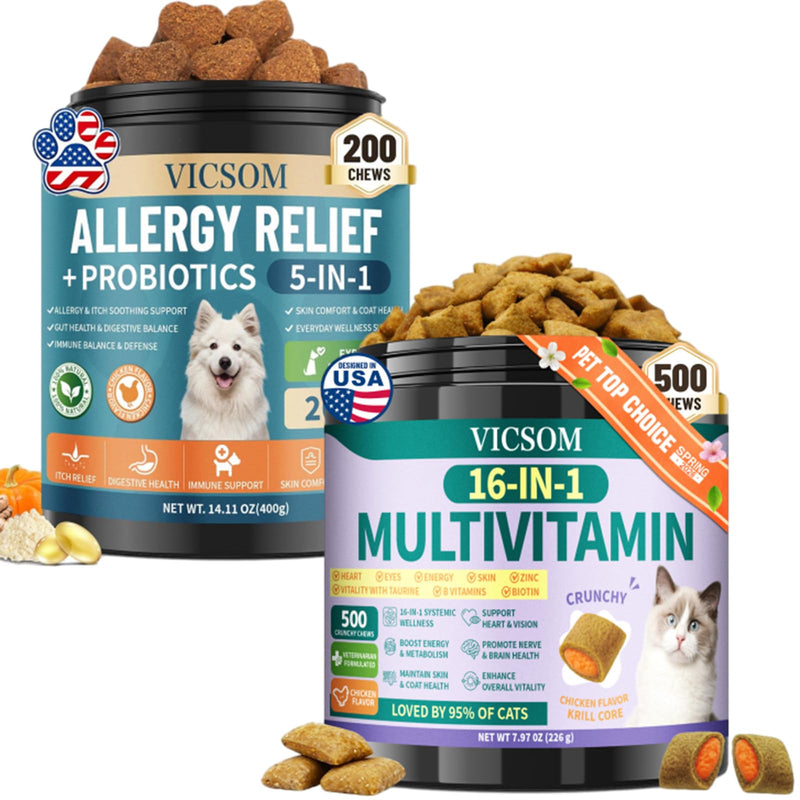 VICSOM Dog Allergy Chews & Cat Multivitamin Taurine Chews Bundle, Itch & Gut Support for Dogs + 16-in-1 Daily Wellness Vitamins for Cats, Skin, Coat, Immune & Digestive Support for Multi-Pet Families