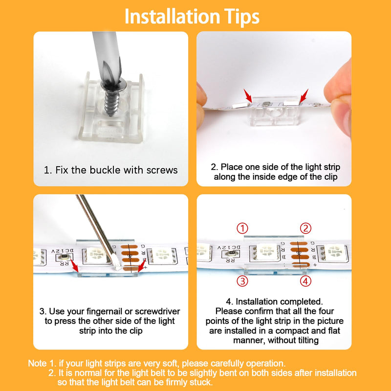 VIPMOON 100pcs Clear LED Strip Light Mounting Clips 10mm Width Holders and 100pcs Compatible Stainless Steel Phillips Screws Mounting Brackets for Waterproof or Non-Waterproof 3528 5050 5630