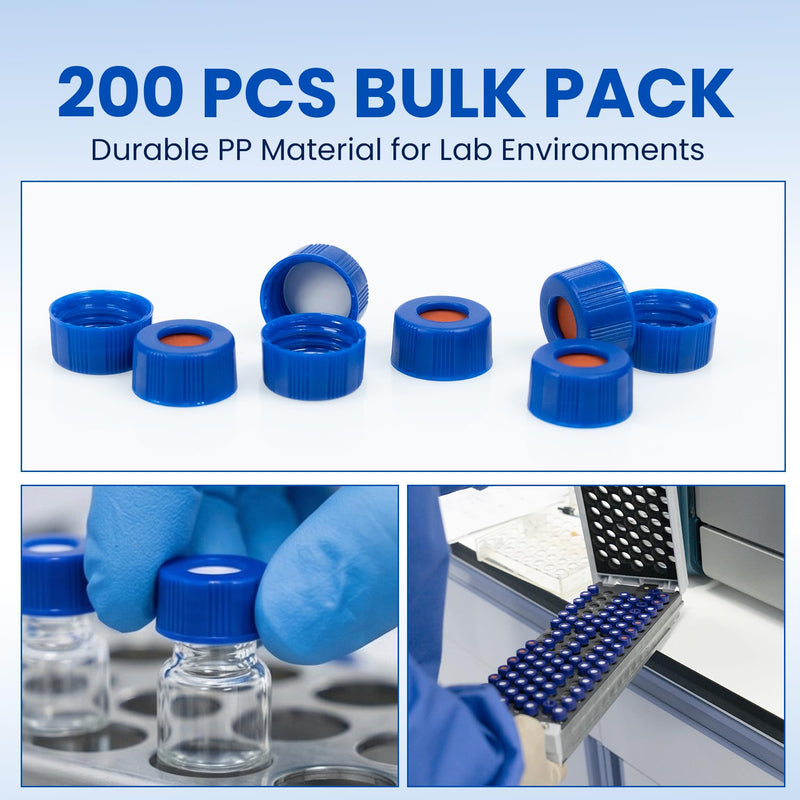 ALWSCI 200PCS 9mm HPLC 2ml Autosampler Vial Caps Blue 9-425 Ribbed Screw Caps with Red PTFE&White Silicone Septa 9mm Red PTFE&White Silicone Liner