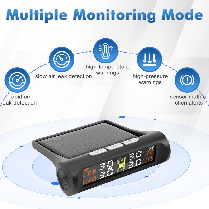 Tire Pressure Monitoring System with Solar Charge,TPMS Tire Pressure Monitor System with 4 External sensors & 5 Alarm Modes, Real Time Monitoring Pressure & Temperature,Suitable for 4 Wheeled Vehicles