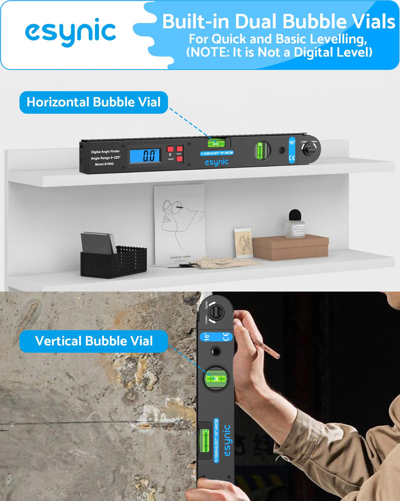 eSynic 16 Inch Waterproof Aluminum Digital Angle Finder with 400mm Scale | Built-in Horizontal and Vertical Bubble Level-Measure Angles Vertically-0-225° Range-Backlit LCD-for Woodworking/Construction