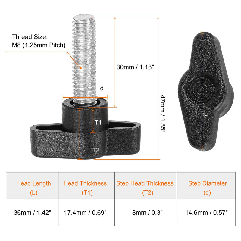 HARFINGTON 10pcs Wing Knobs M8 x 30mm Male Thread Plastic Tee Stud Knobs T Threaded Handles Hand Clamping Tightening Thumb Screws Thumbscrew, Black
