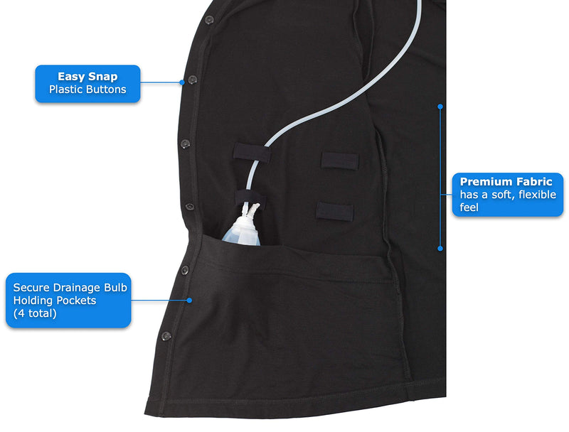 RENOVA MEDICAL WEAR Mastectomy Recovery Shirt with Drain Pockets X-Large Black