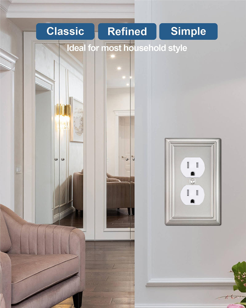 6-Pack Duplex Wall Plate, Decorative Satin Nickel Outlet Cover, Metal Wall Plates for Electrical Outlets, 3.15''*4.88'', Midsize 1 Duplex 6PK
