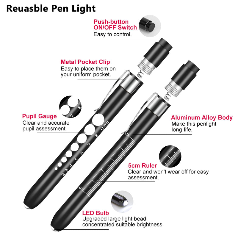 Pen Lights Medical with Pupil Gauge and Ruler LED Pen Lights for Nurses Doctors Nursing Pen Light with 4 Batteries Free 2pcs Black Penlight Nurse Penlights for Nurses Pen Light for Nurse Accessories