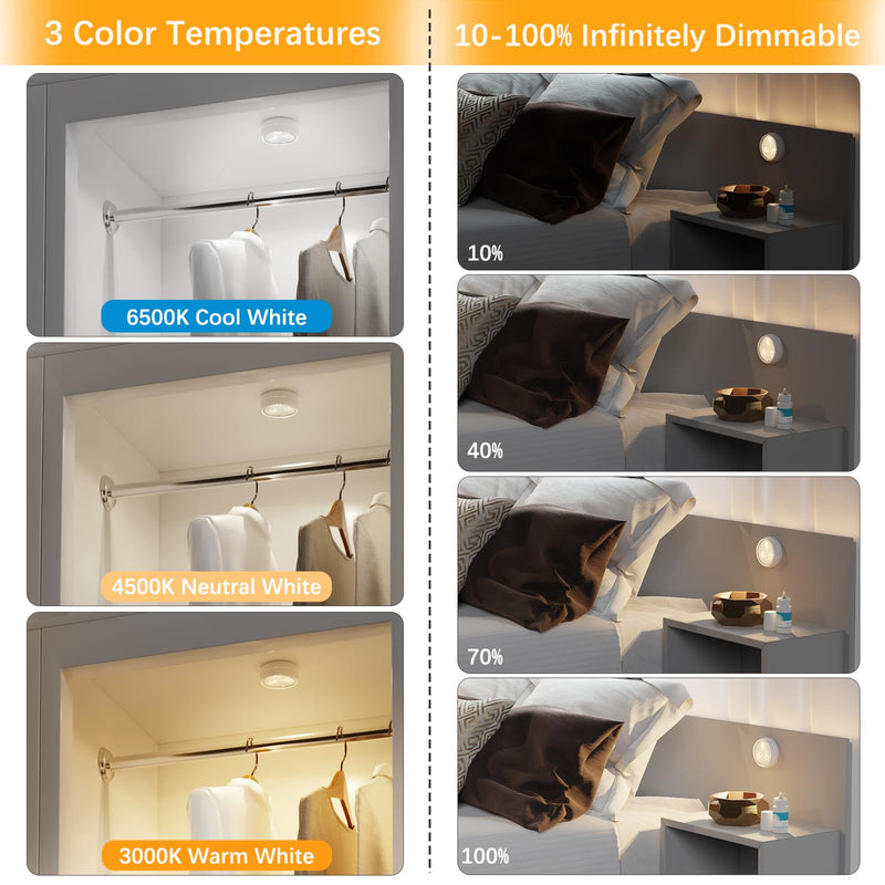 LED Puck Lights with Remote, 3 Color Light, Battery Operated Push Light Under Cabinet Light, Dimmable Tap Light, 50 Lumens, Stick On Closet Light White 3 Pack